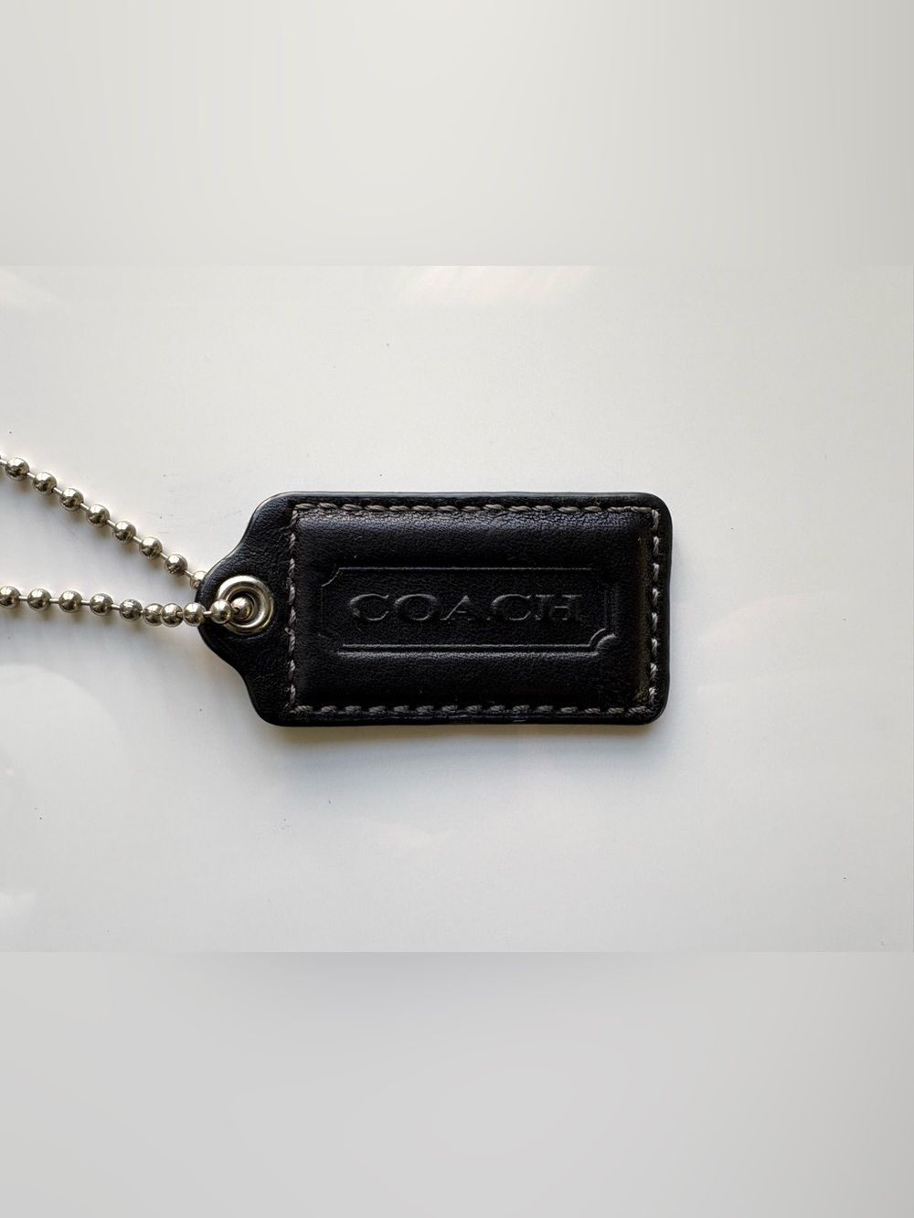 COACH 2.25” Large Black Leather Silver Hang Tag Hangtag Bag Charm Keychain Fob